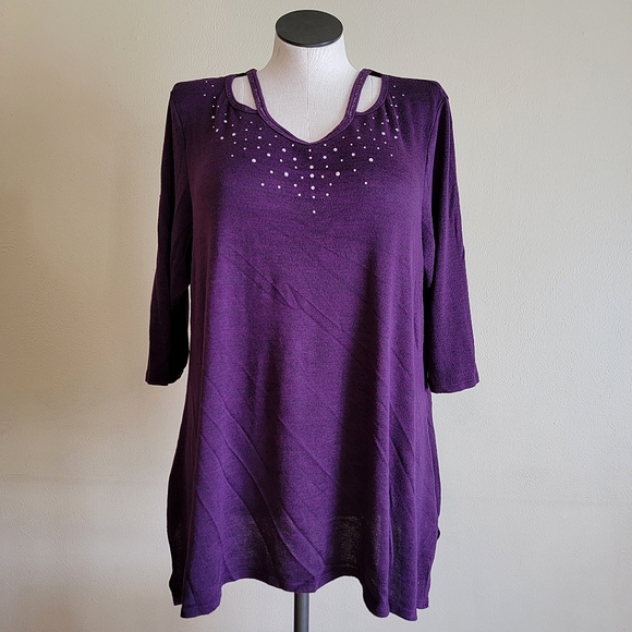 Faded Glory Tops - Purple Rhinestone Bedazzled Knit Top